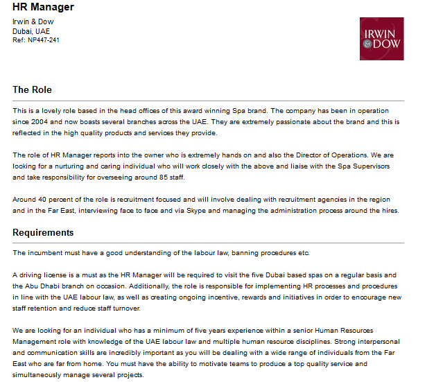 HR manager at Irwin Dow