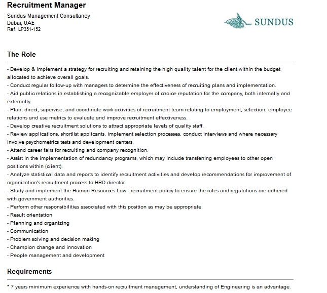 Recruitment manager role and requirements at sundus