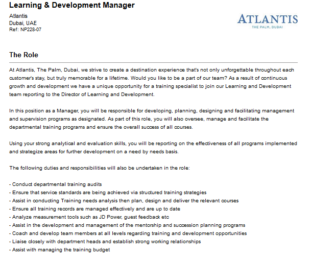 Learning & development manager at Atlantis