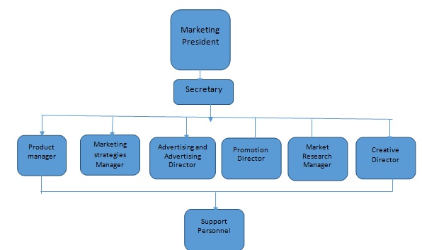 An organizational chart for marketing people and functions