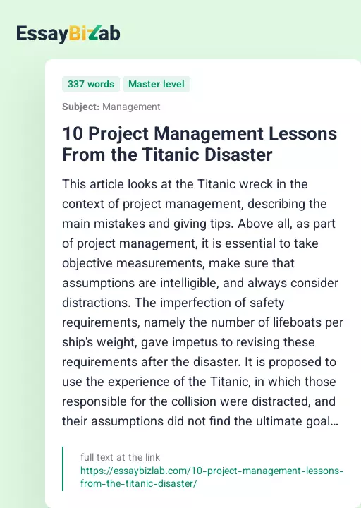 10 Project Management Lessons From the Titanic Disaster - Essay Preview