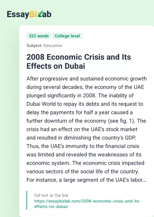 2008 Economic Crisis and Its Effects on Dubai - Essay Preview