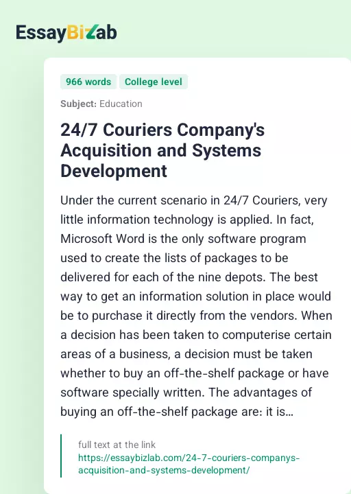 24/7 Couriers Company's Acquisition and Systems Development - Essay Preview