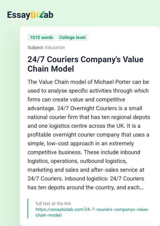 24/7 Couriers Company's Value Chain Model - Essay Preview