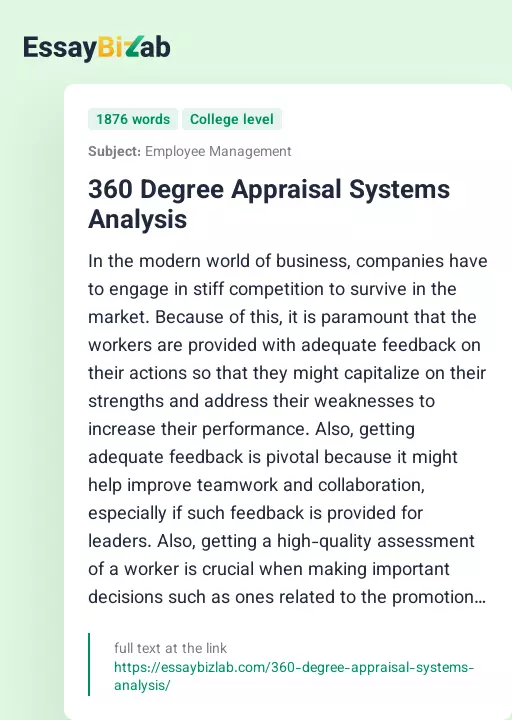 360 Degree Appraisal Systems Analysis - Essay Preview