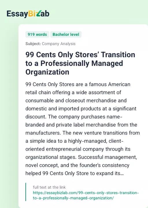 99 Cents Only Stores’ Transition to a Professionally Managed Organization - Essay Preview