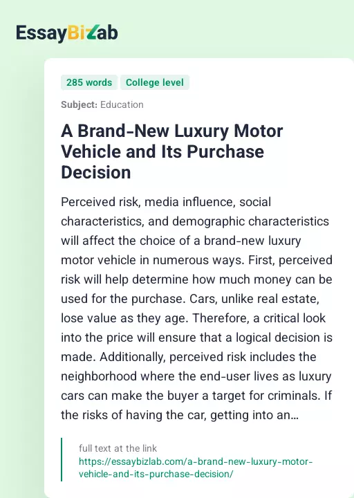 A Brand-New Luxury Motor Vehicle and Its Purchase Decision - Essay Preview