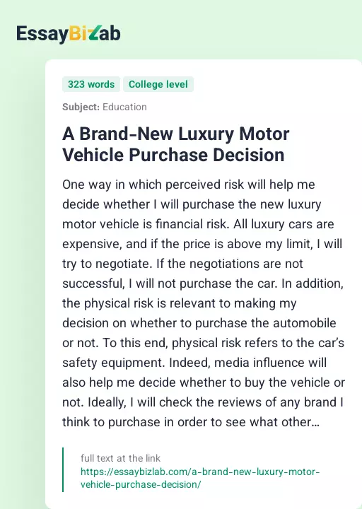 A Brand-New Luxury Motor Vehicle Purchase Decision - Essay Preview