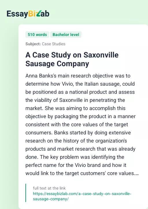 A Case Study on Saxonville Sausage Company - Essay Preview