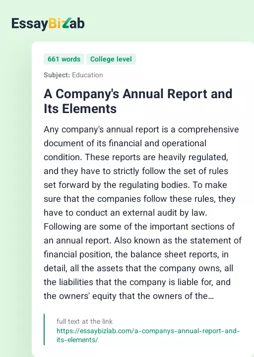 A Company's Annual Report and Its Elements - Essay Preview
