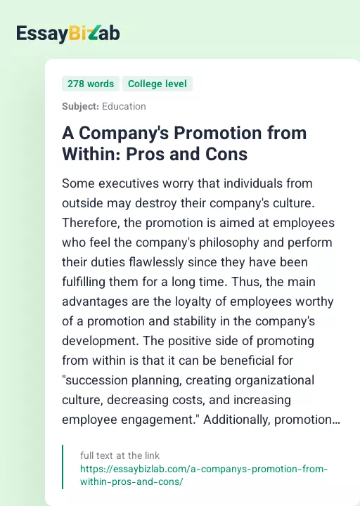 A Company's Promotion from Within: Pros and Cons - Essay Preview
