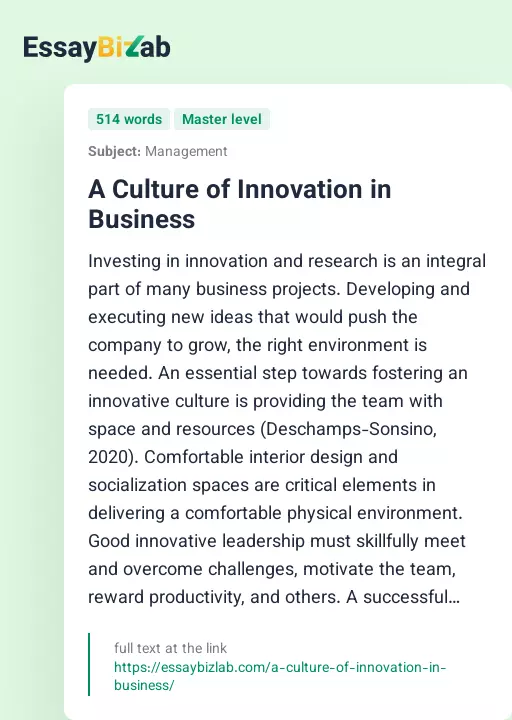 A Culture of Innovation in Business - Essay Preview