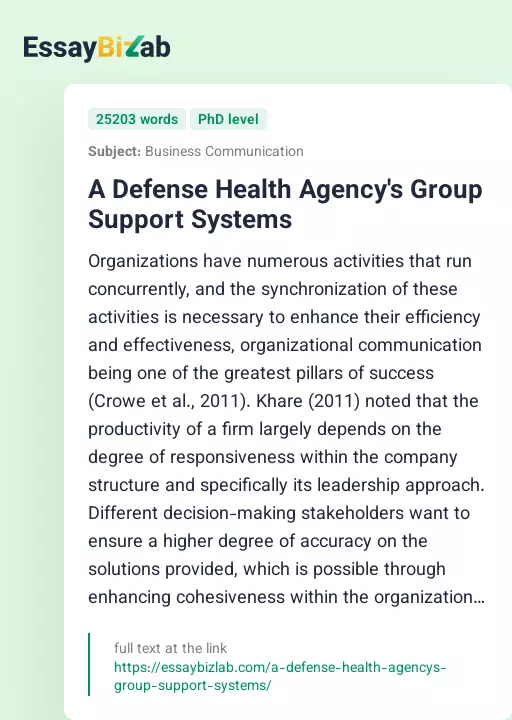 A Defense Health Agency's Group Support Systems - Essay Preview