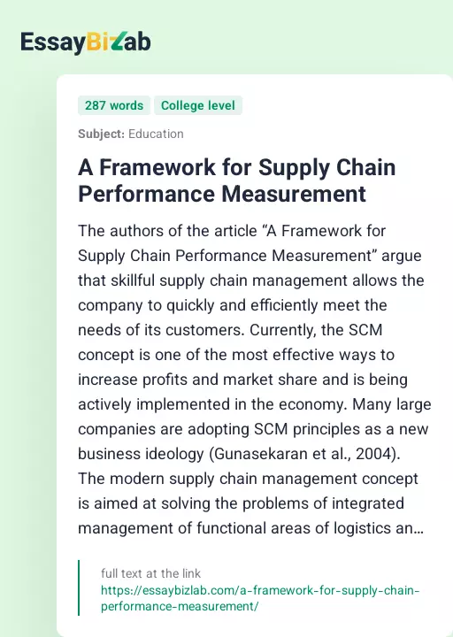 A Framework for Supply Chain Performance Measurement - Essay Preview