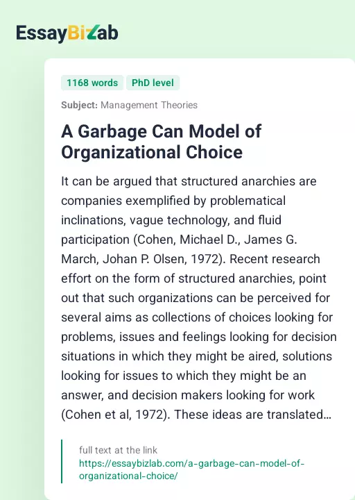 A Garbage Can Model of Organizational Choice - Essay Preview