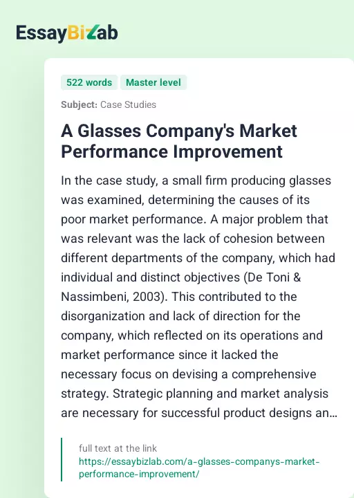 A Glasses Company's Market Performance Improvement - Essay Preview