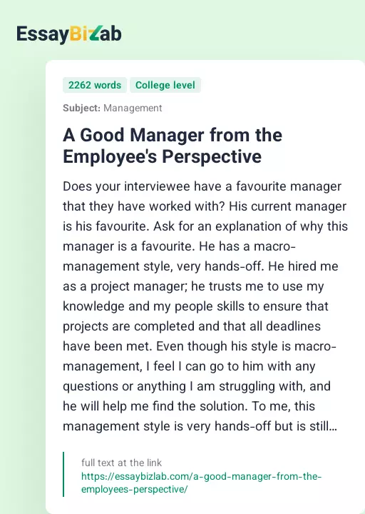 A Good Manager from the Employee's Perspective - Essay Preview