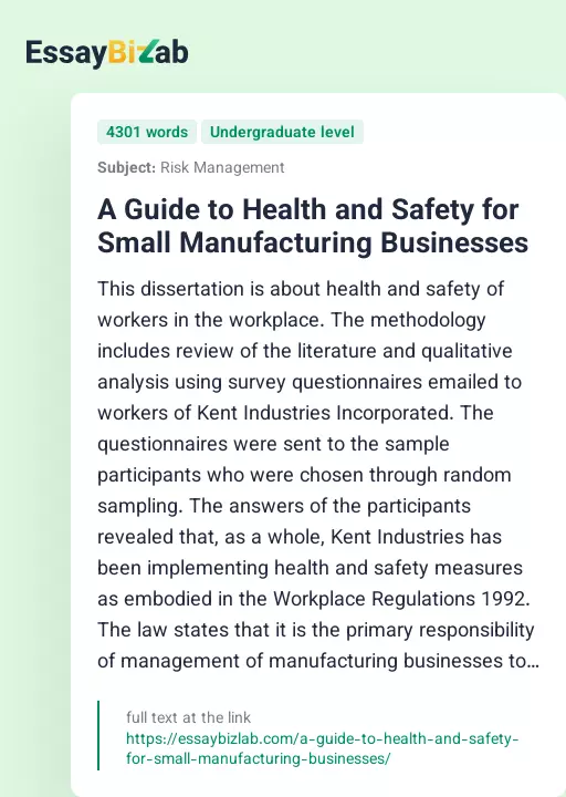 A Guide to Health and Safety for Small Manufacturing Businesses - Essay Preview