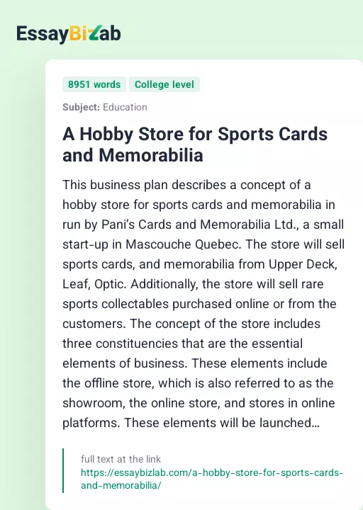 A Hobby Store for Sports Cards and Memorabilia - Essay Preview