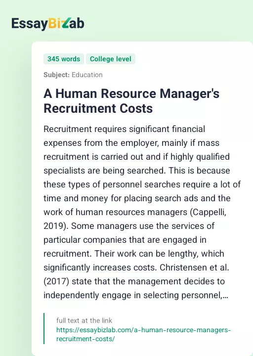 A Human Resource Manager's Recruitment Costs - Essay Preview