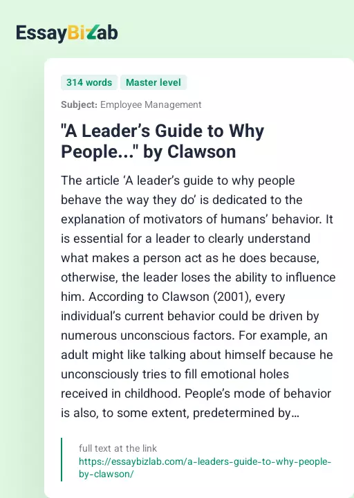 "A Leader’s Guide to Why People..." by Clawson - Essay Preview