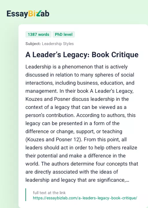 A Leader’s Legacy: Book Critique - Essay Preview