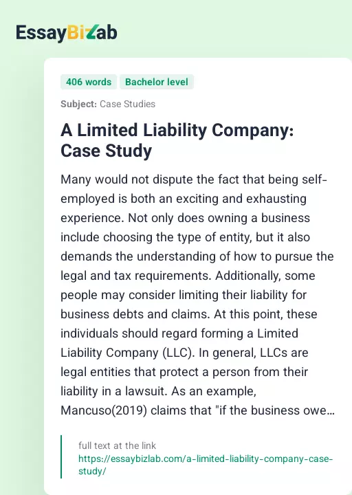 A Limited Liability Company: Case Study - Essay Preview