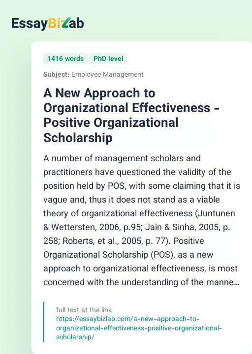 A New Approach to Organizational Effectiveness - Positive Organizational Scholarship - Essay Preview