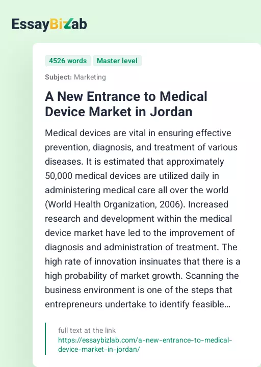 A New Entrance to Medical Device Market in Jordan - Essay Preview