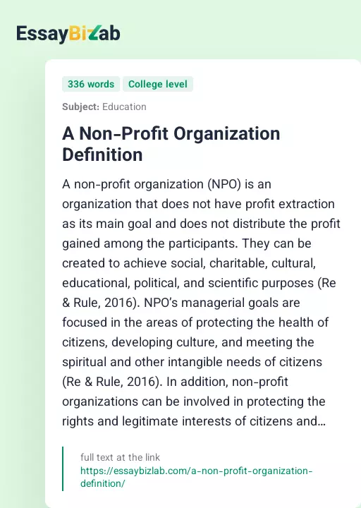A Non-Profit Organization Definition - Essay Preview