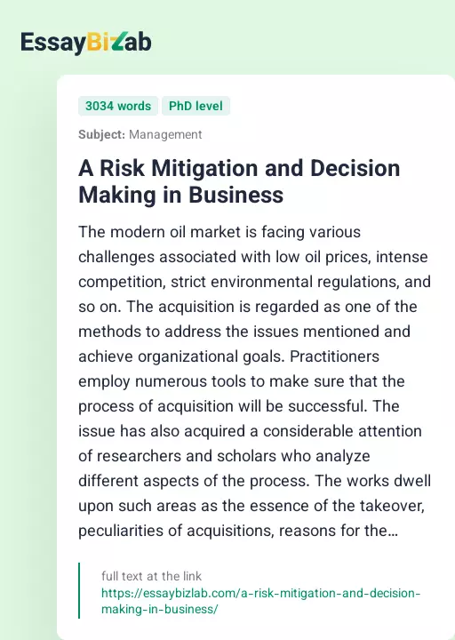 A Risk Mitigation and Decision Making in Business - Essay Preview