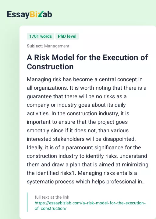 A Risk Model for the Execution of Construction - Essay Preview