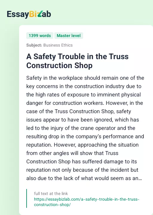 A Safety Trouble in the Truss Construction Shop - Essay Preview