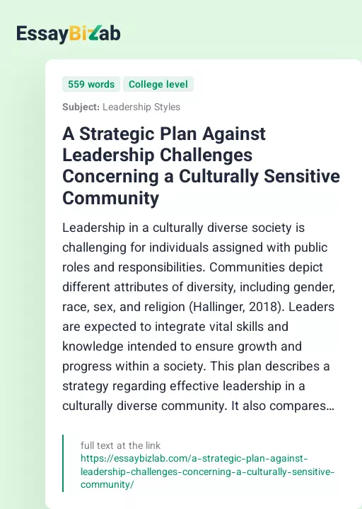 A Strategic Plan Against Leadership Challenges Concerning a Culturally Sensitive Community - Essay Preview