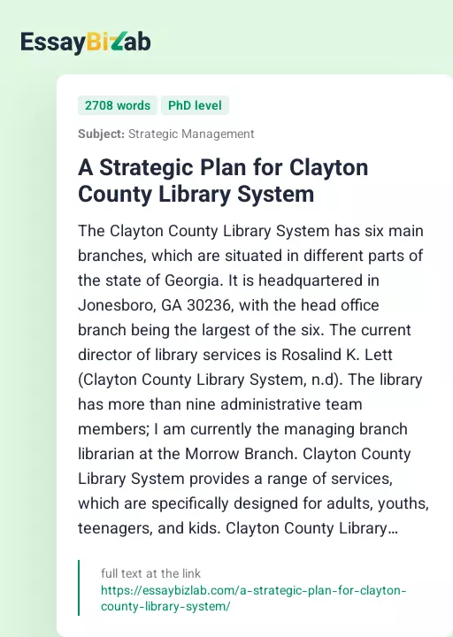 A Strategic Plan for Clayton County Library System - Essay Preview