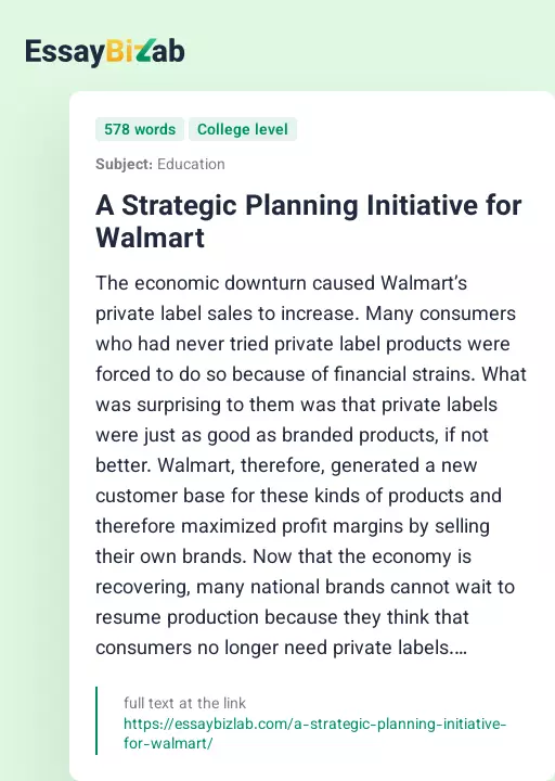 A Strategic Planning Initiative for Walmart - Essay Preview