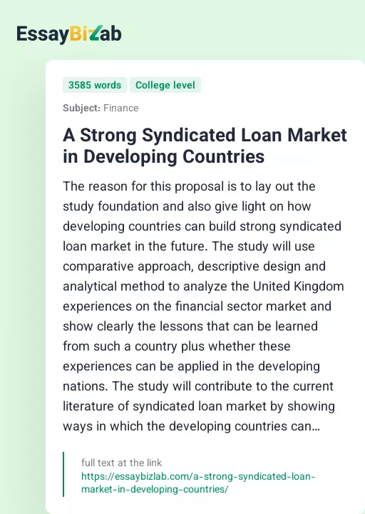 A Strong Syndicated Loan Market in Developing Countries - Essay Preview