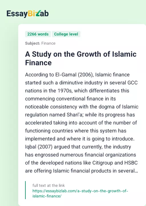 A Study on the Growth of Islamic Finance - Essay Preview