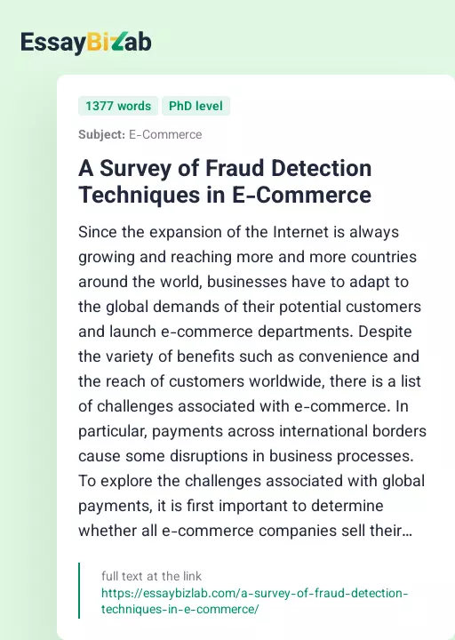 A Survey of Fraud Detection Techniques in E-Commerce - Essay Preview