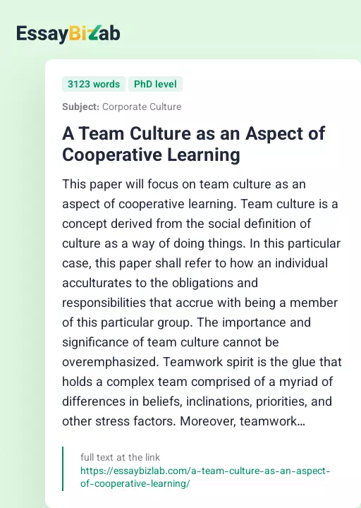 A Team Culture as an Aspect of Cooperative Learning - Essay Preview