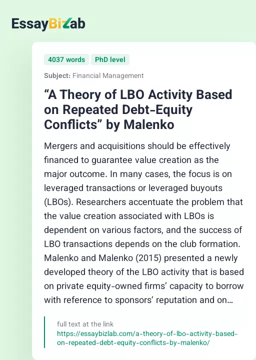 “A Theory of LBO Activity Based on Repeated Debt-Equity Conflicts” by Malenko - Essay Preview
