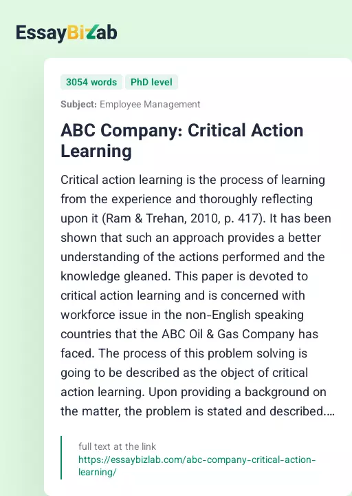 ABC Company: Critical Action Learning - Essay Preview