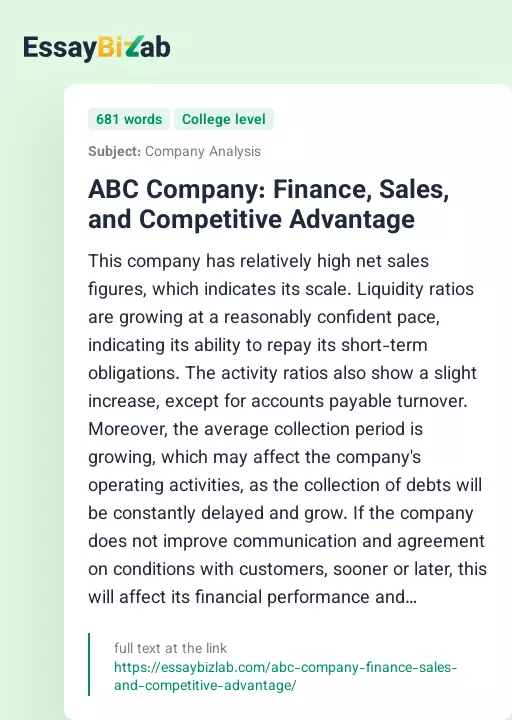 ABC Company: Finance, Sales, and Competitive Advantage - Essay Preview