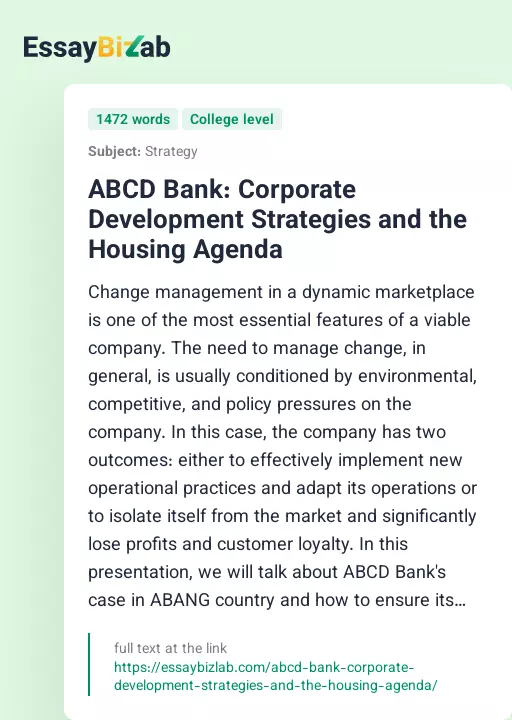 ABCD Bank: Corporate Development Strategies and the Housing Agenda - Essay Preview