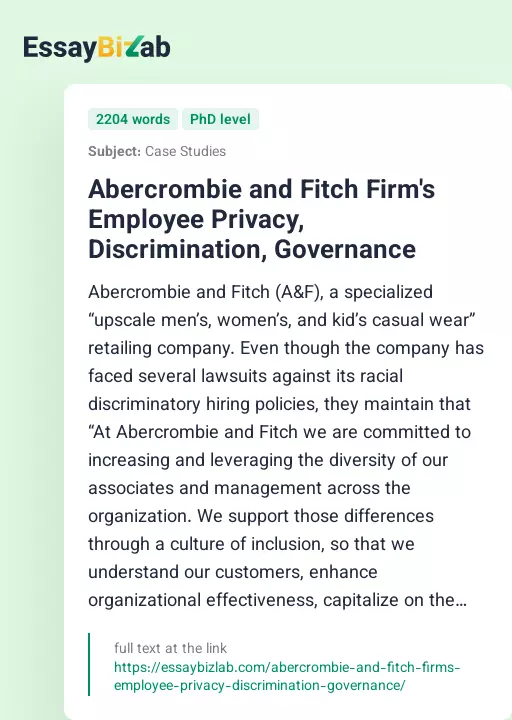 Abercrombie and Fitch Firm's Employee Privacy, Discrimination, Governance - Essay Preview