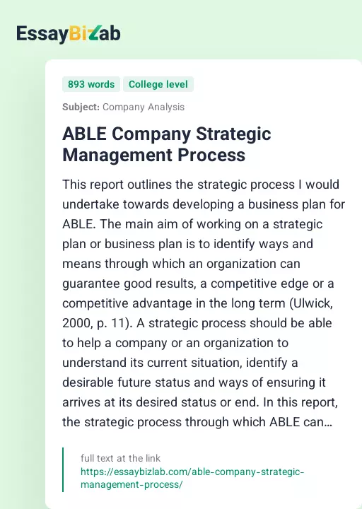 ABLE Company Strategic Management Process - Essay Preview