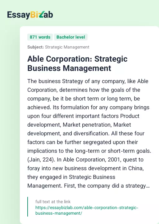 Able Corporation: Strategic Business Management - Essay Preview