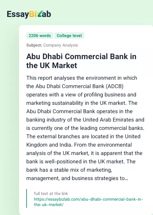 Abu Dhabi Commercial Bank in the UK Market - Essay Preview
