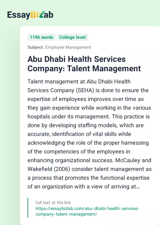 Abu Dhabi Health Services Company: Talent Management - Essay Preview