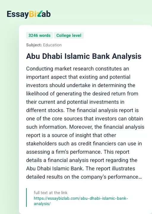 Abu Dhabi Islamic Bank Analysis - Essay Preview